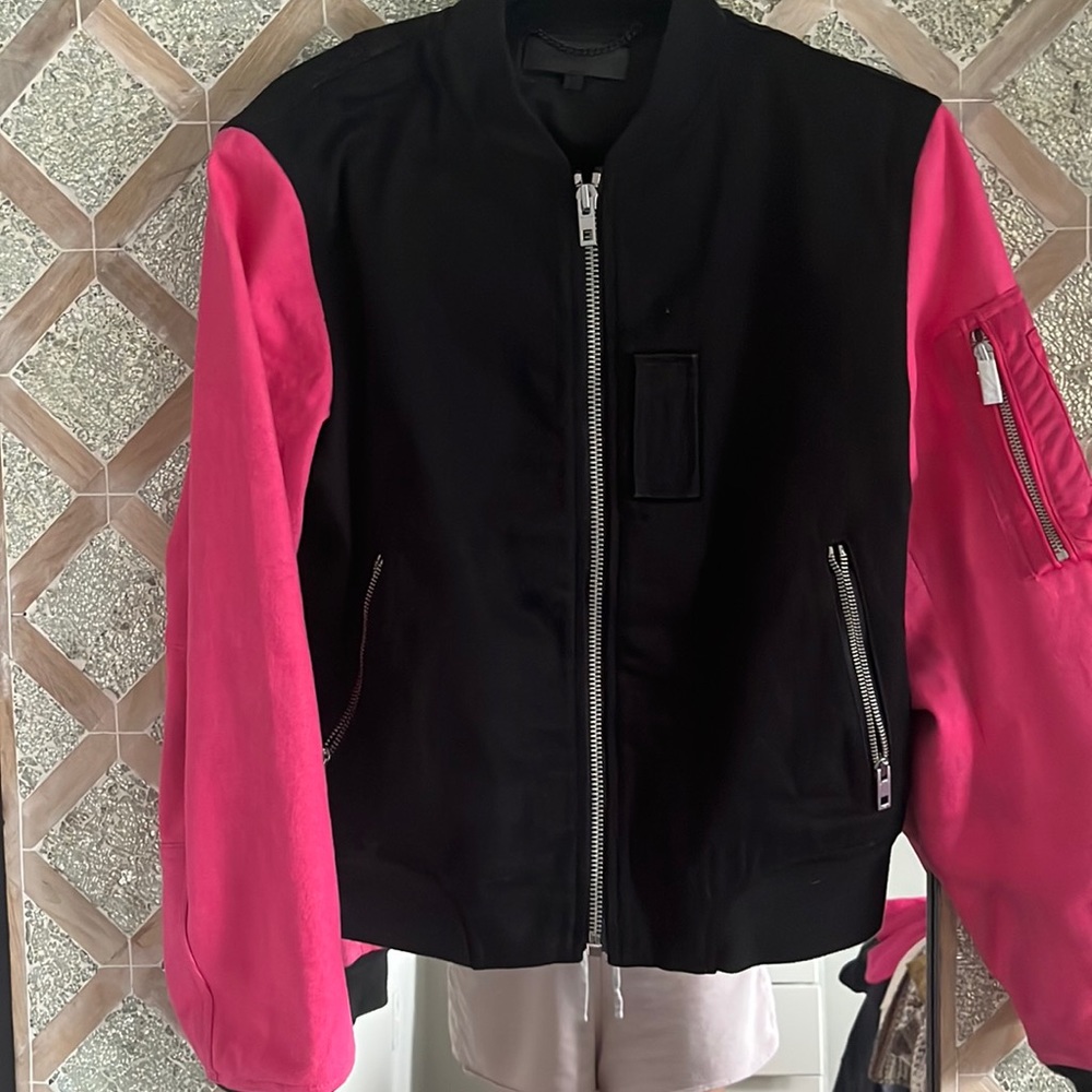Rag and Bone black bomber jacket with hot pink sleeves